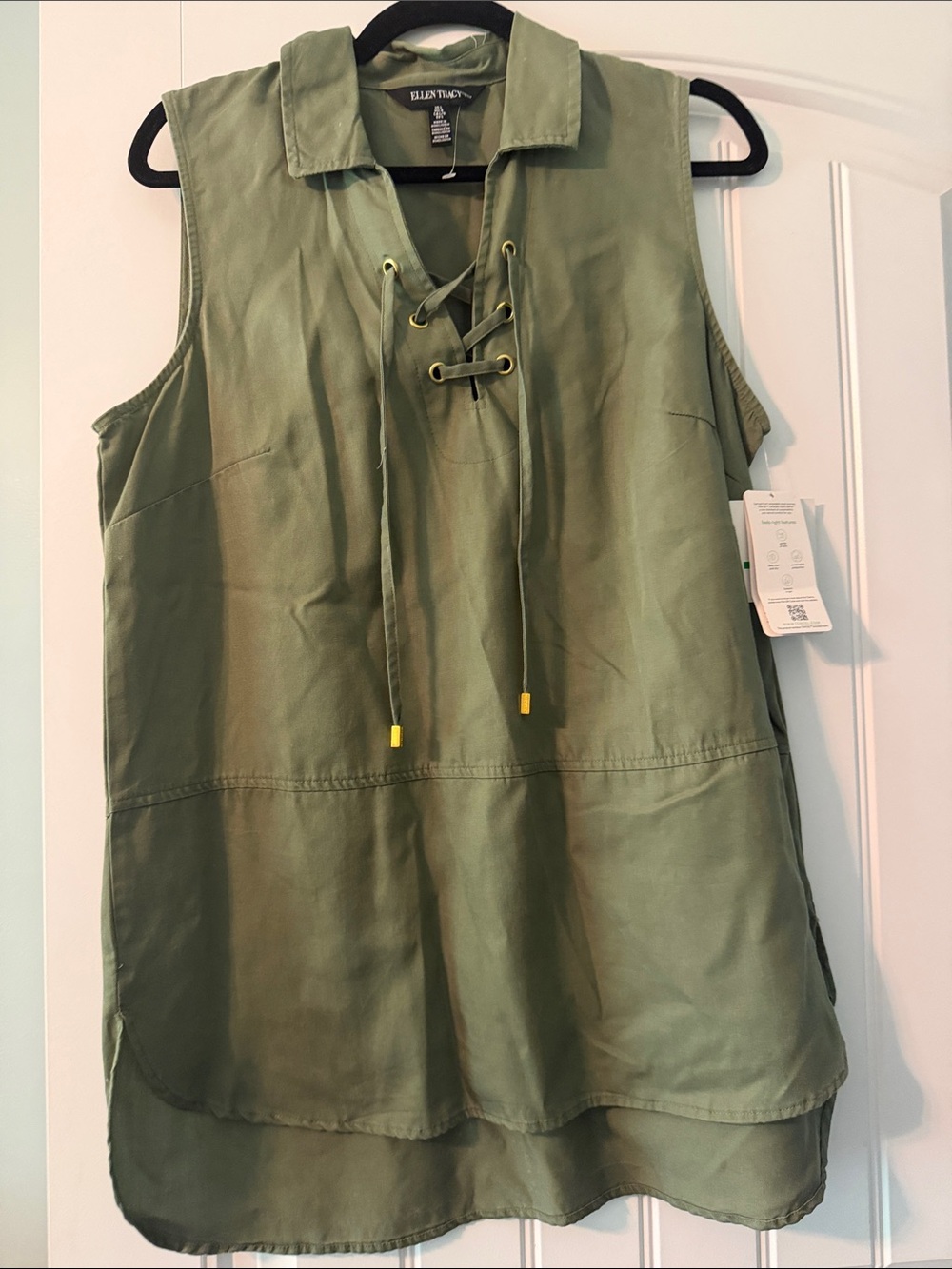 Ellen Tracy Olive Green Lace-Up Sleeveless Tunic